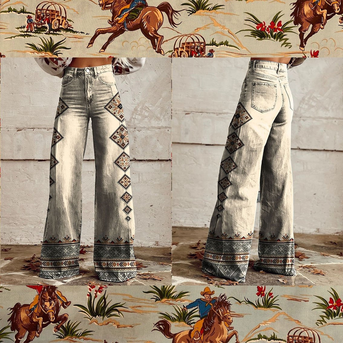 Printed Denim-Look Wide-Leg Pants