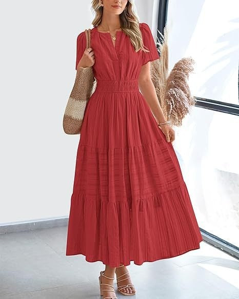 V-Neck Puff-Sleeve Tiered Dress