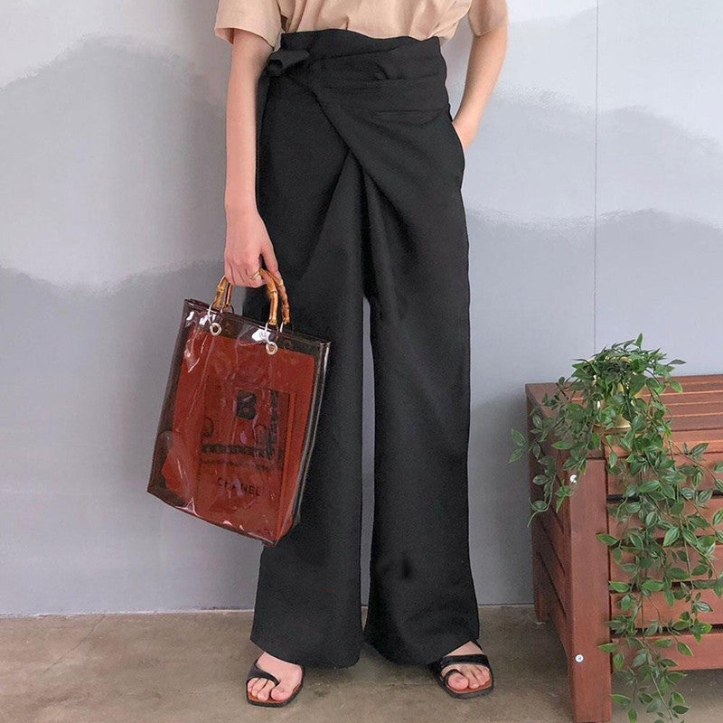 Asymmetric Tie-Waist Wide-Leg Pants