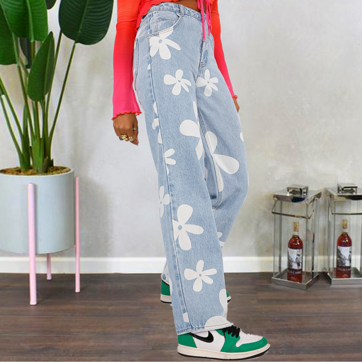 Floral-Print Straight-Leg Jeans