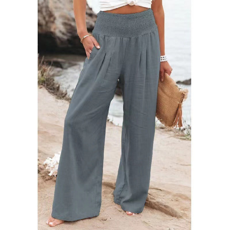 Smocked-Waist Wide-Leg Pants
