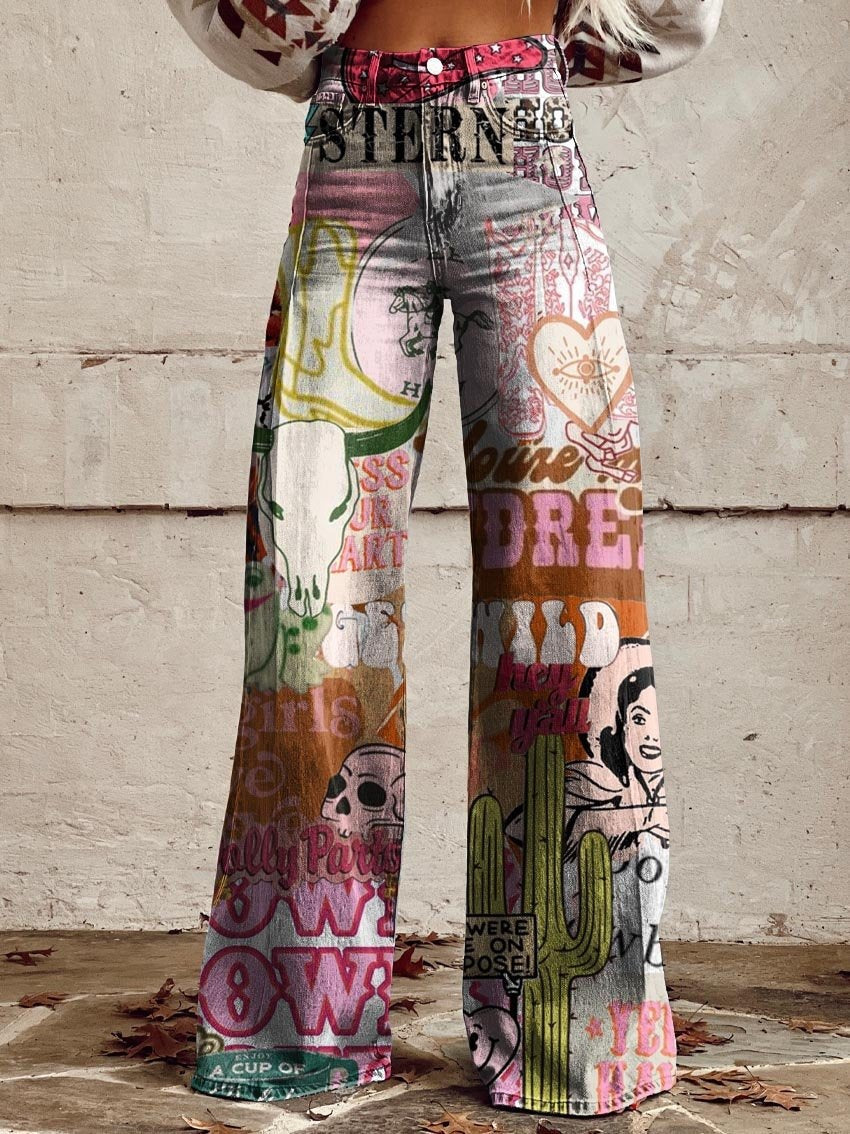 Printed Denim-Look Wide-Leg Pants