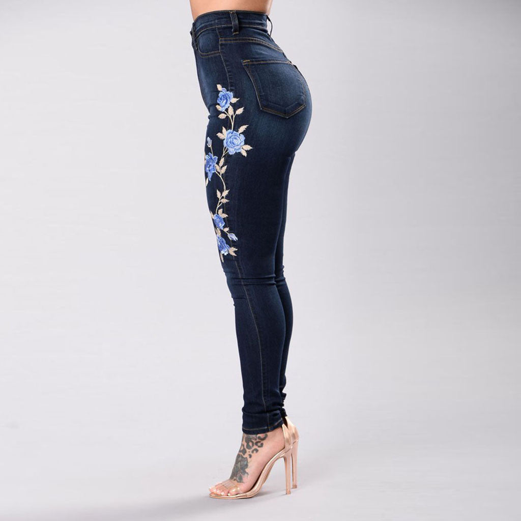 Floral-Embroidered Skinny Jeans