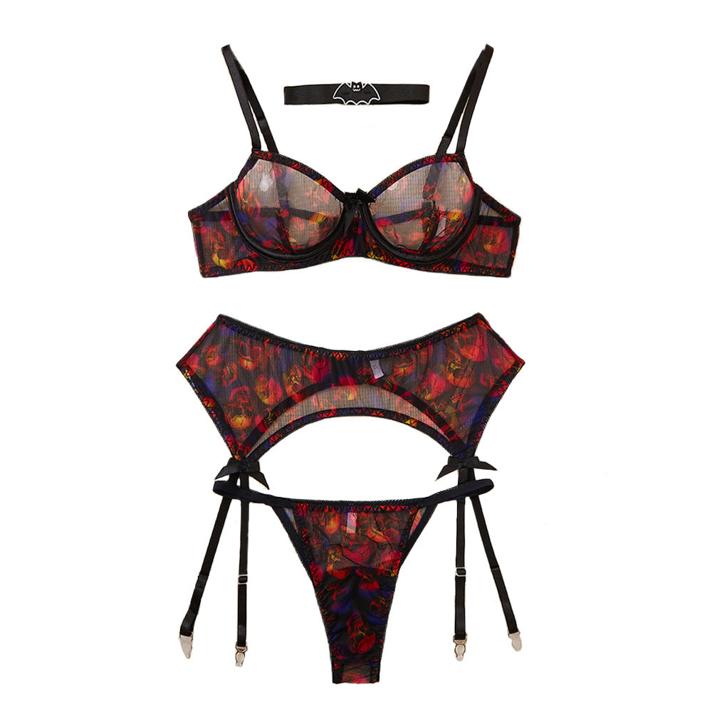 Halloween-Print Mesh Lingerie Set