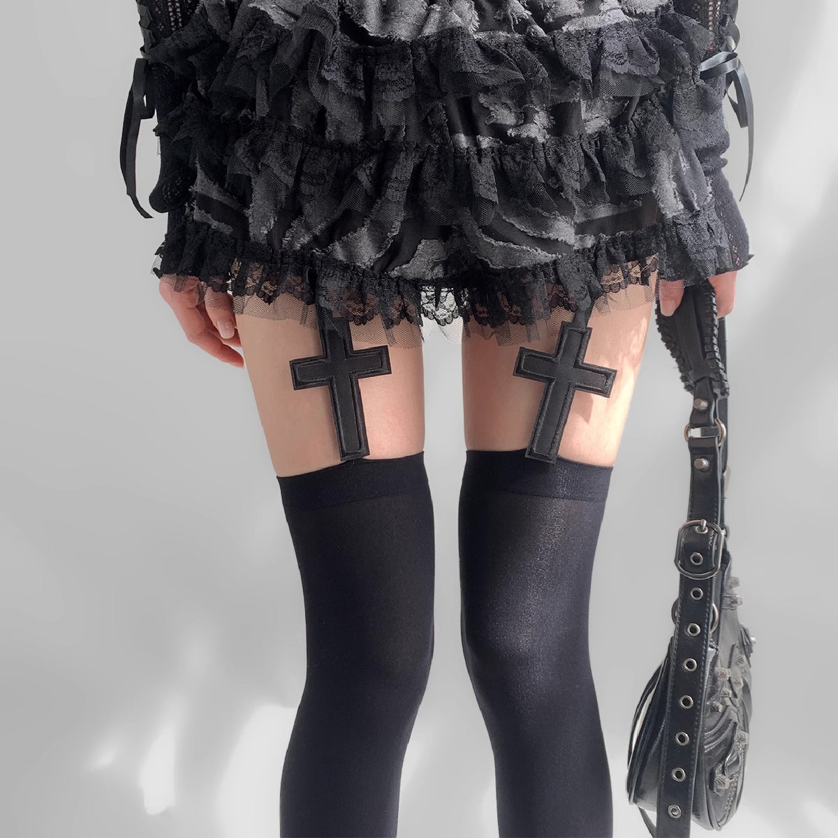 Cross-Detail Thigh-High Stockings