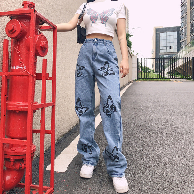 Butterfly-Print Wide-Leg Jeans