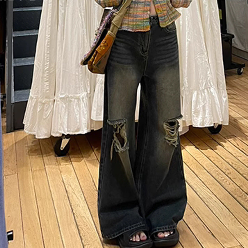 Washed Distressed Straight-Leg Jeans