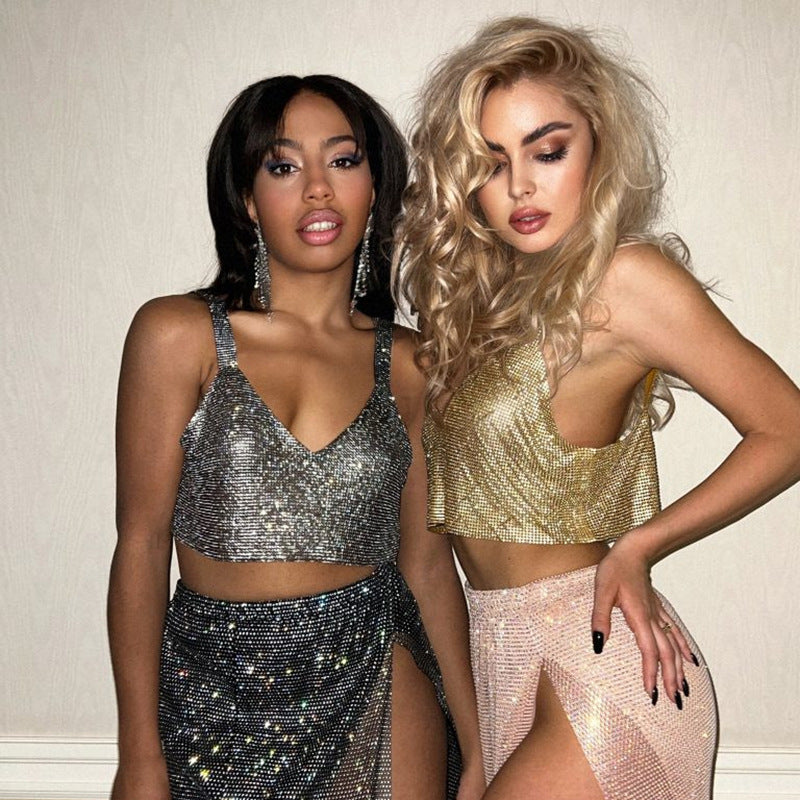 Rhinestone Metallic-Effect Crop Top
