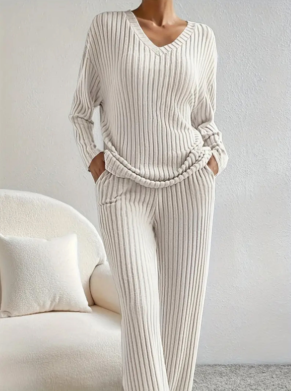V-Neck Knit Top & Pants Set
