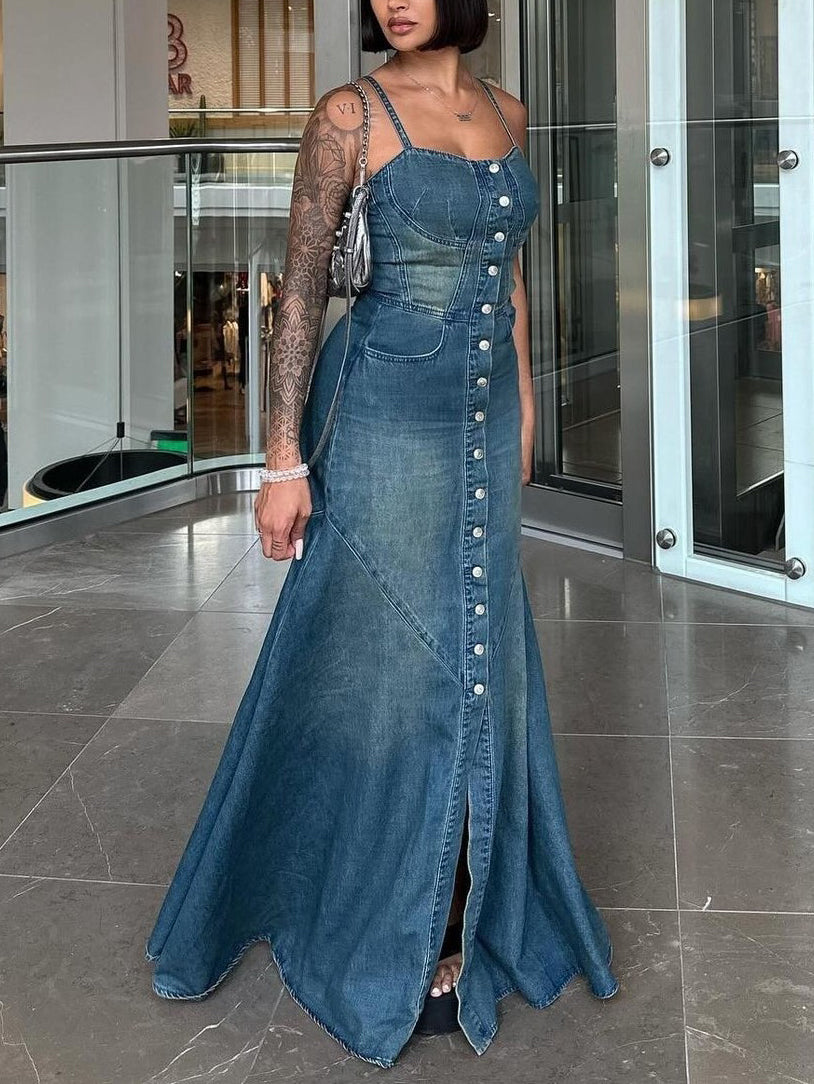 Button-Front Denim Maxi Dress