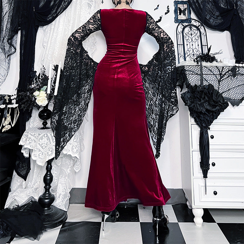 Lace-Sleeve High-Slit Maxi Dress