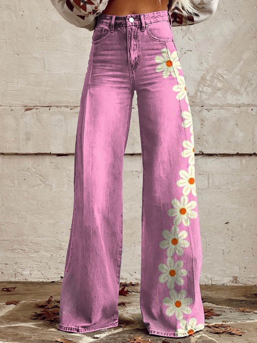 Printed Denim-Look Wide-Leg Pants
