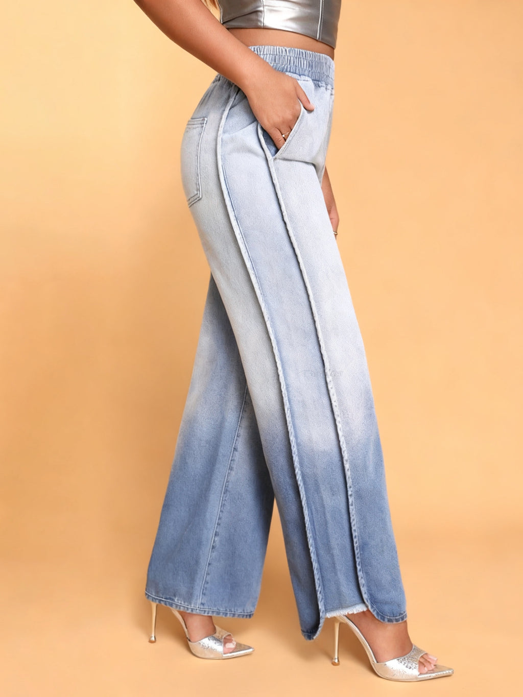 Ombre Elastic-Waist Wide-Leg Jeans
