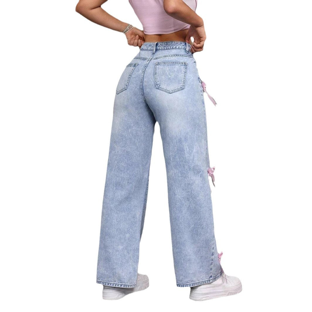 Bow-Detail Wide-Leg Jeans