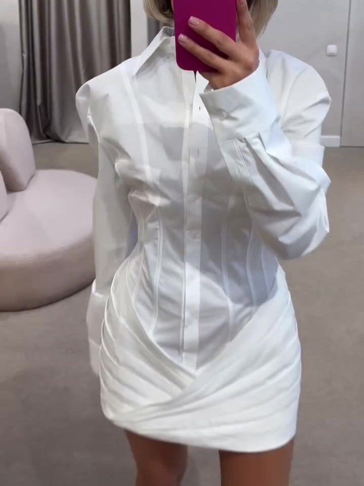 Pleated Long-Sleeve Shirt Dress