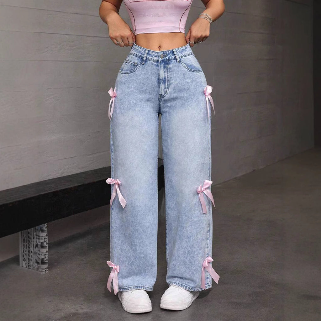 Bow-Detail Wide-Leg Jeans