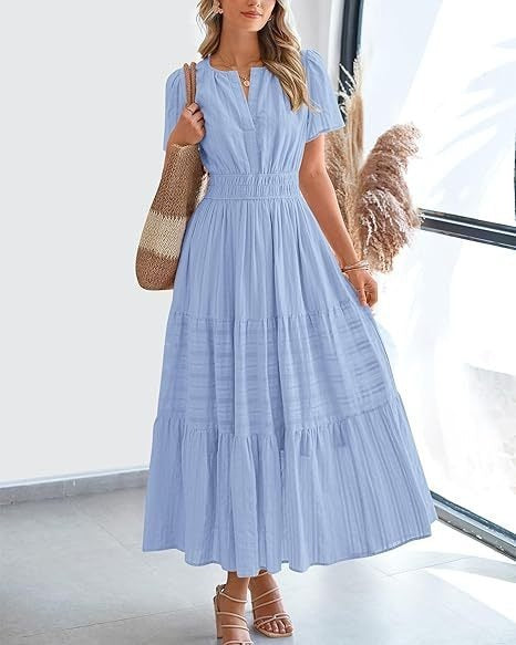 V-Neck Puff-Sleeve Tiered Dress