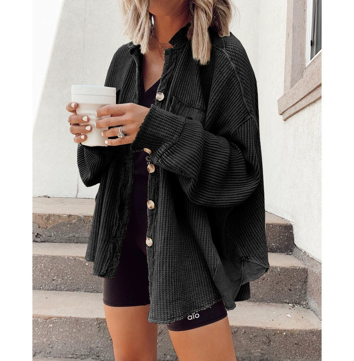 Waffle Knit Button Cardigan