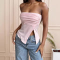 Ruched Split-Hem Strapless Top