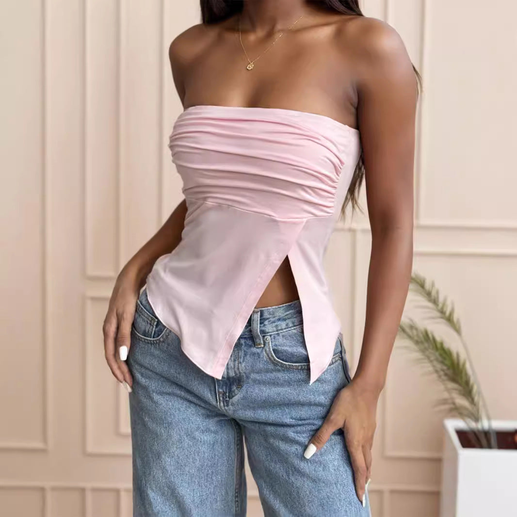 Ruched Split-Hem Strapless Top