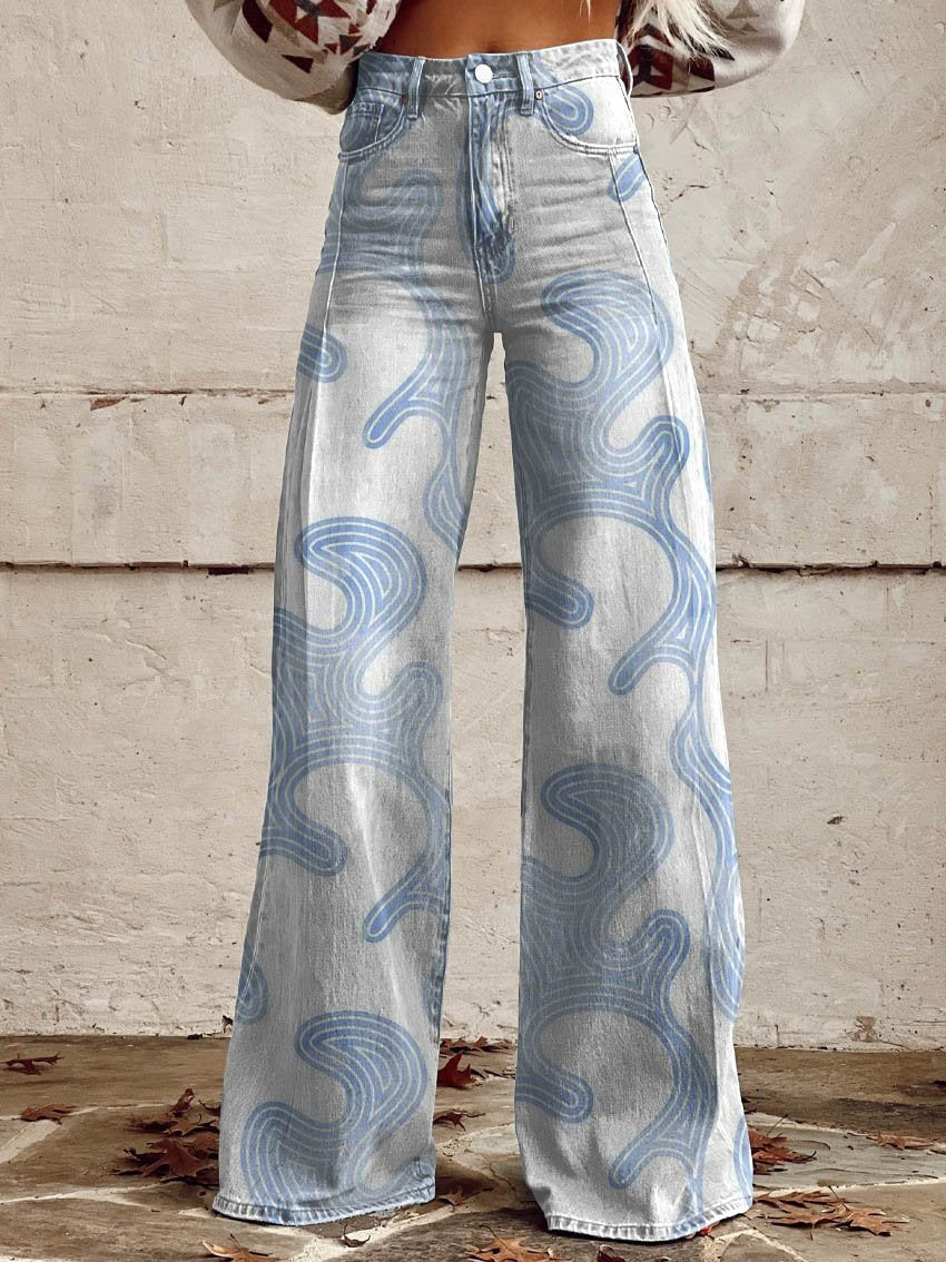 Printed Denim-Look Wide-Leg Pants