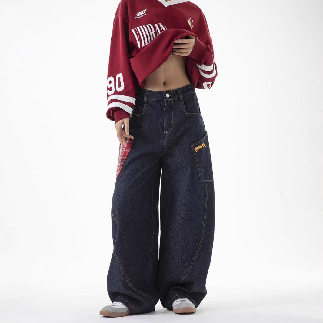Plaid-Patchwork Straight Jeans