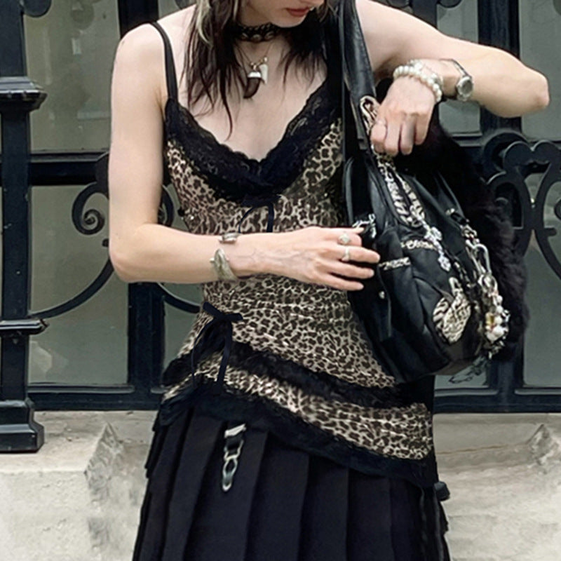 Leopard-Print Lace-Trim Asymmetric Top