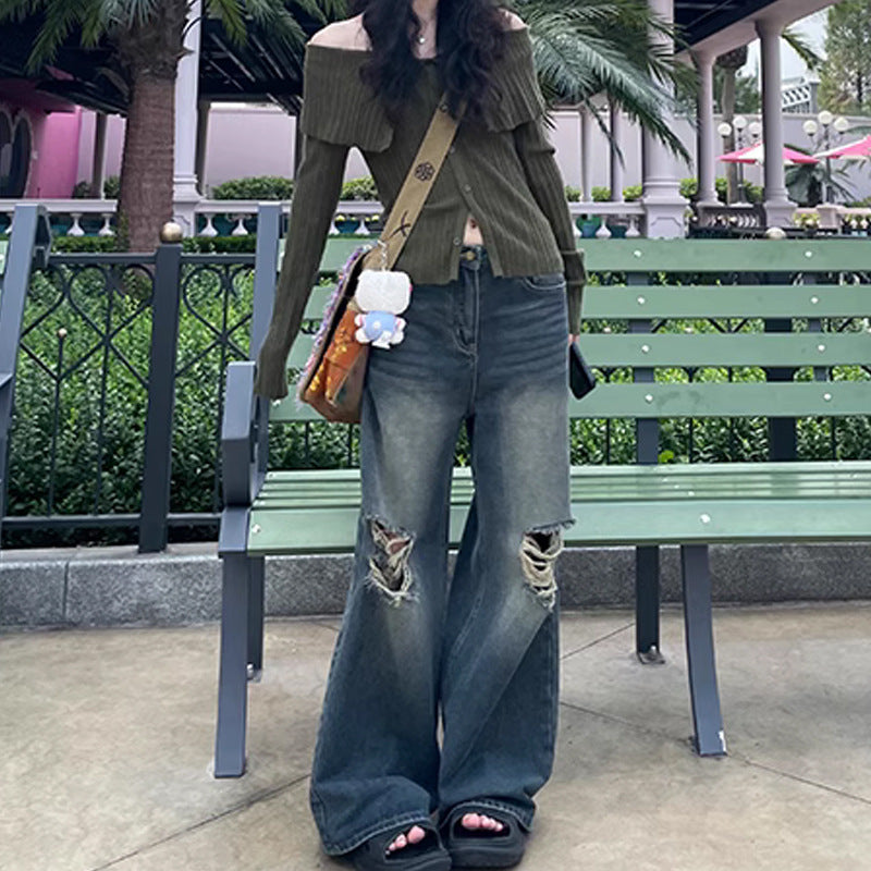 Washed Distressed Straight-Leg Jeans