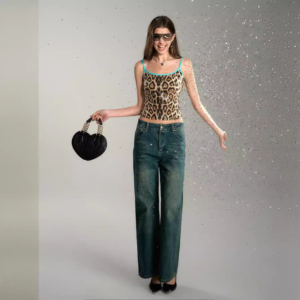 Contrast-Trim Leopard Sequin Top