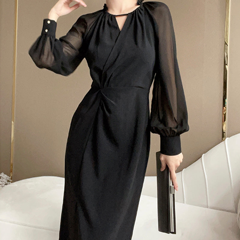 Sheer-Sleeve Twist-Waist Dress