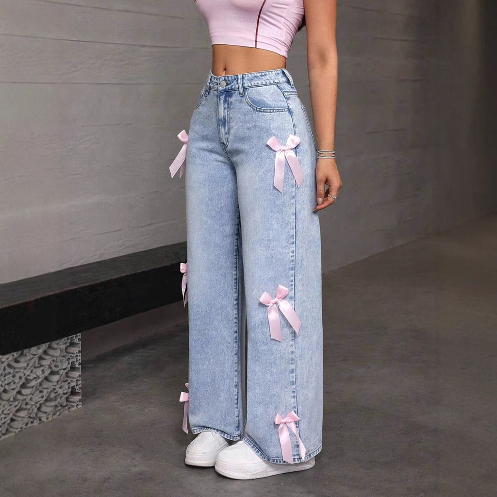 Bow-Detail Wide-Leg Jeans