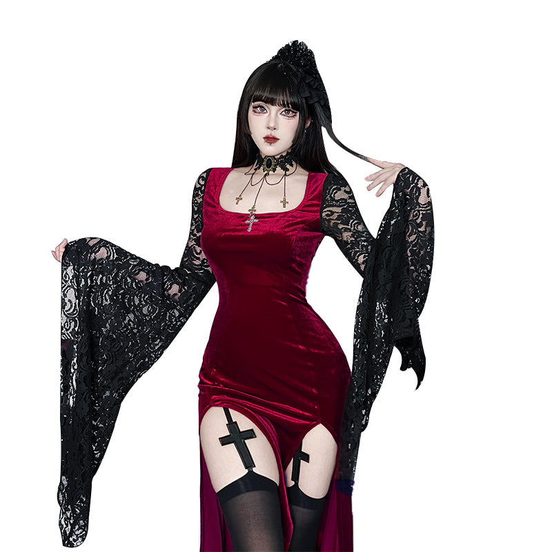 Lace-Sleeve High-Slit Maxi Dress