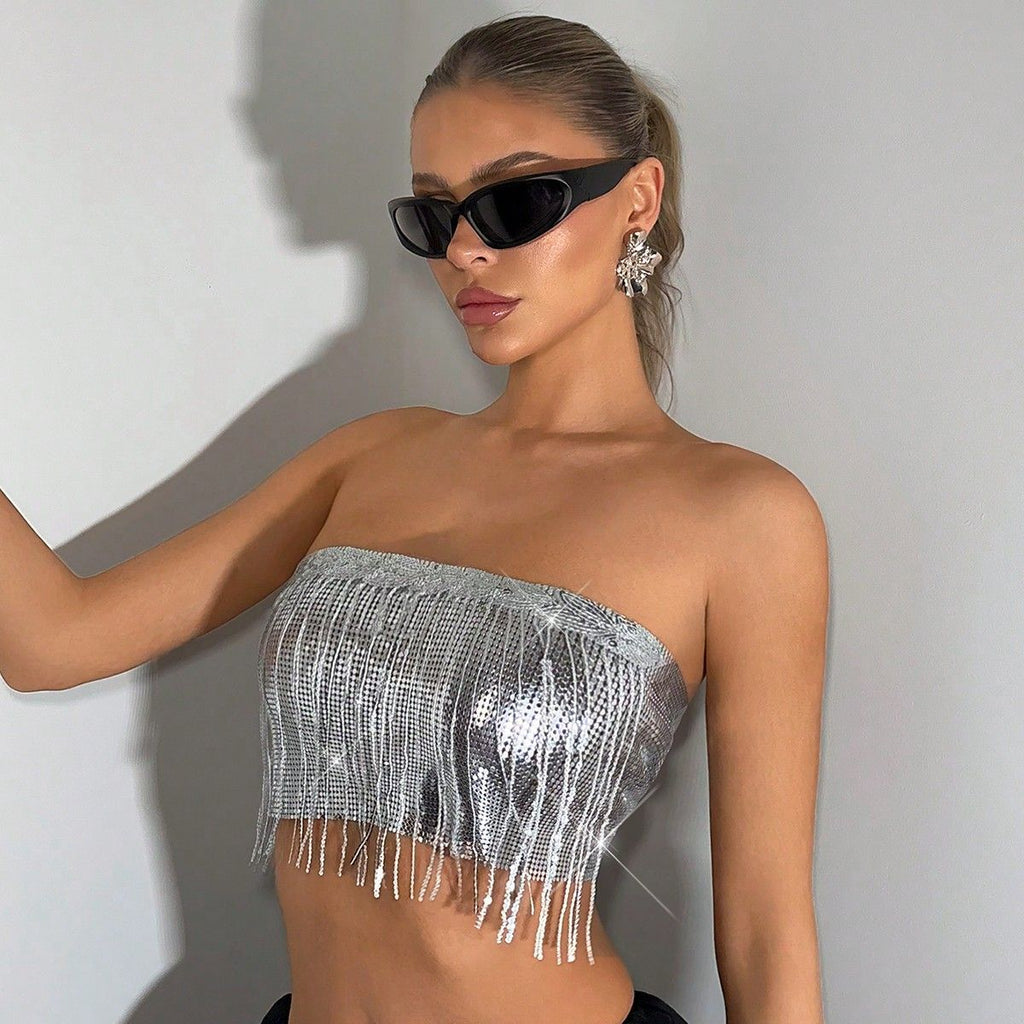 Metallic-Effect Fringe Tube Top