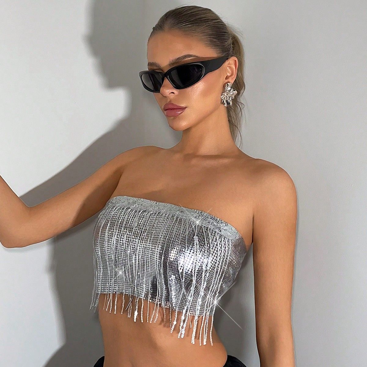 Metallic-Effect Fringe Tube Top