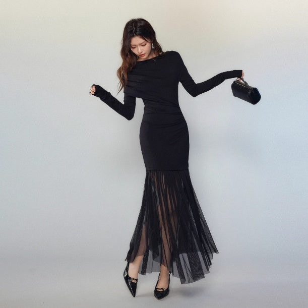 Long-Sleeve Mesh-Hem Maxi Dress