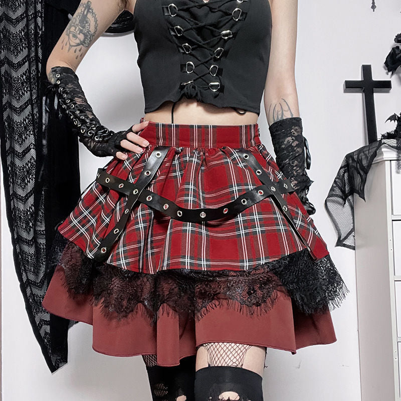 Plaid & Lace Tiered Mini Skirt