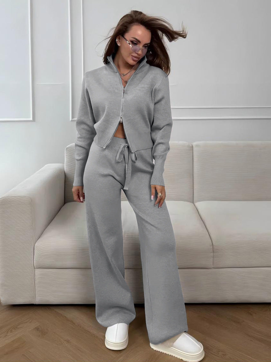 Zip-Front Knit Top & Pants Set