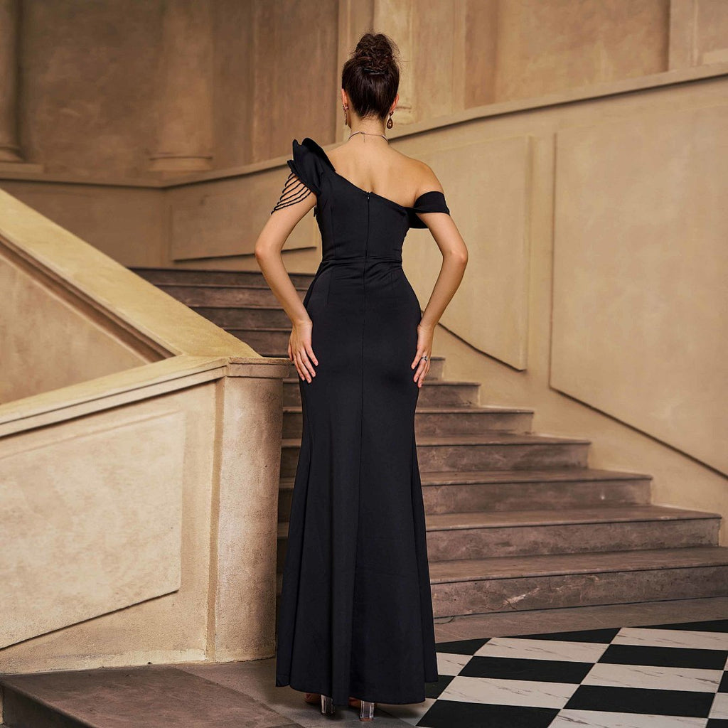 One-Shoulder Gown with Beaded Arm Detail