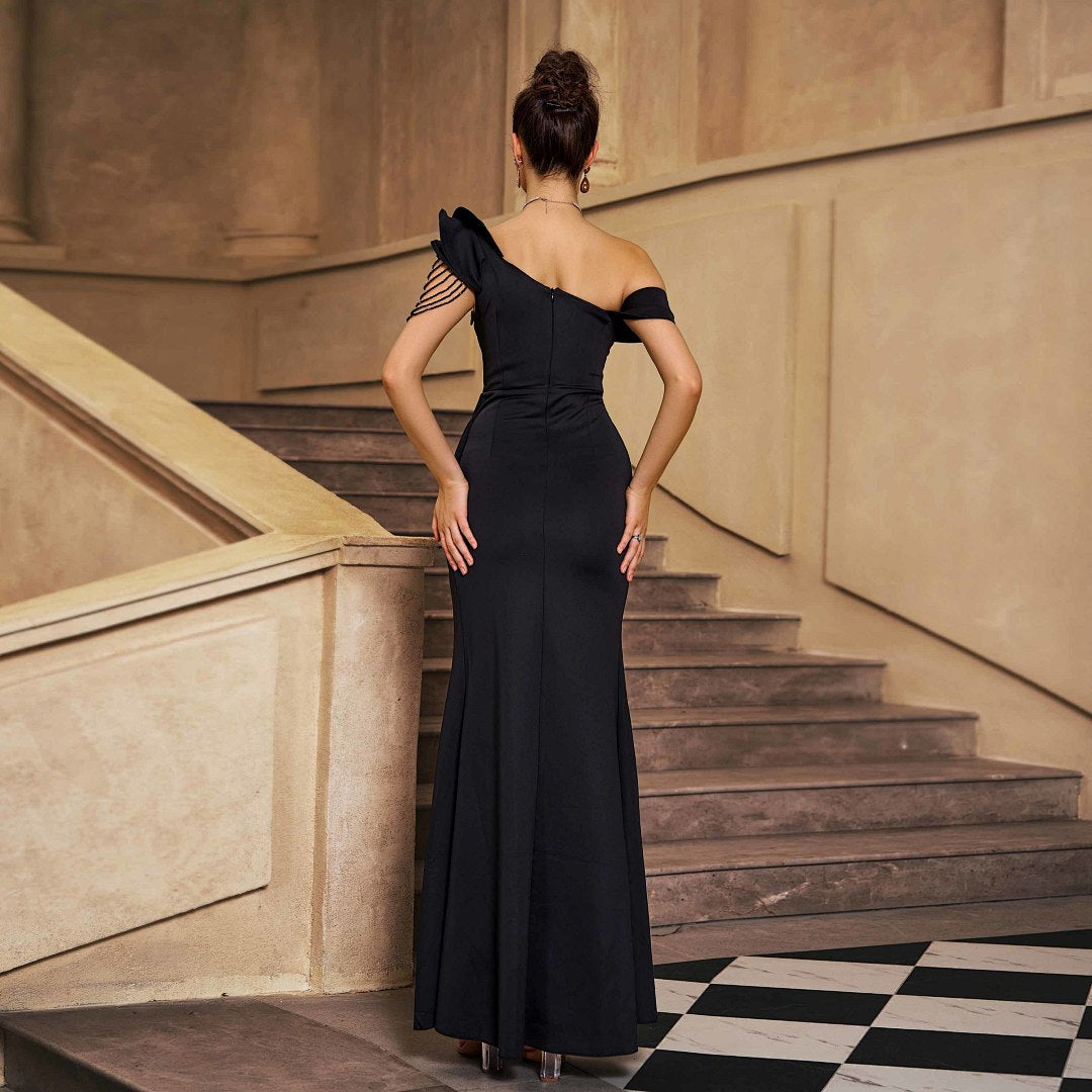 One-Shoulder Gown with Beaded Arm Detail
