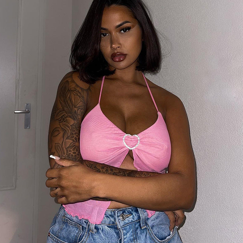 Pink Heart-Detail Halter Top