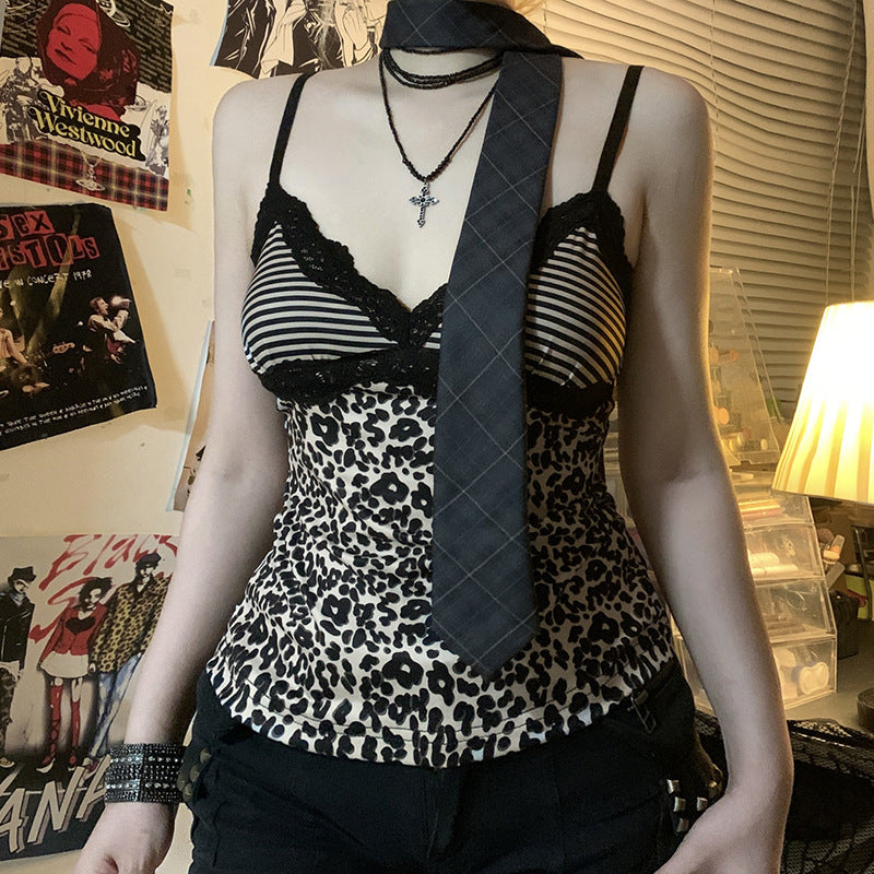 Leopard & Stripe Lace-Trim Cami