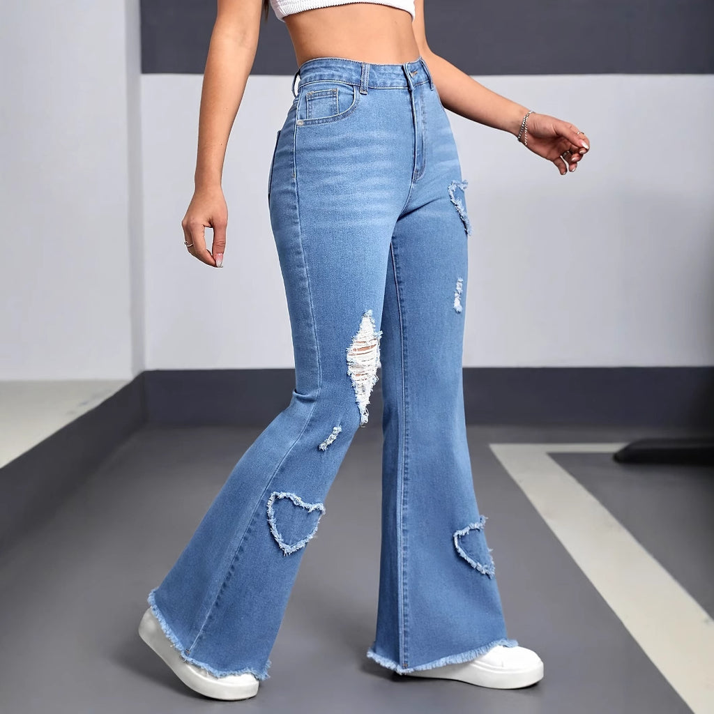 Heart-Distressed Flared Jeans