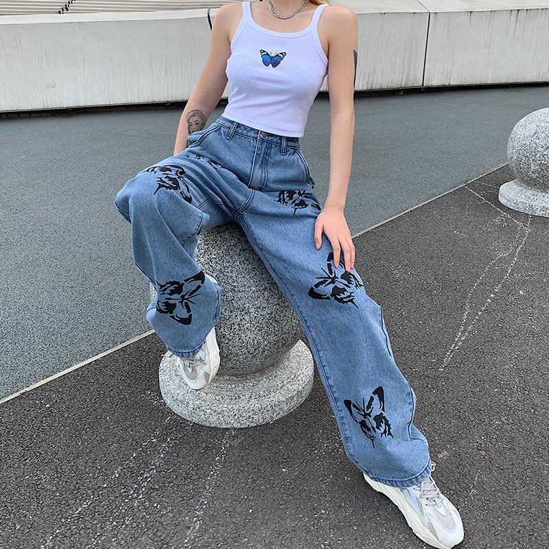 Butterfly-Print Wide-Leg Jeans
