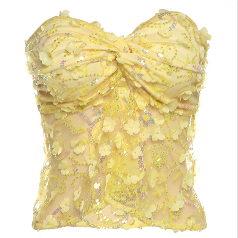 Yellow Floral Sequin Tube Top