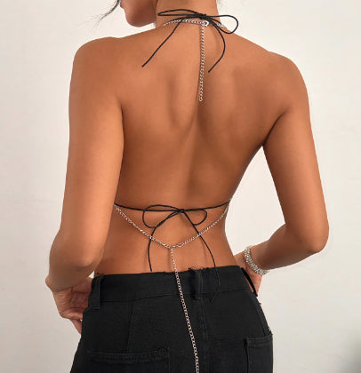 Rhinestone Halter Top with Decorative Chain