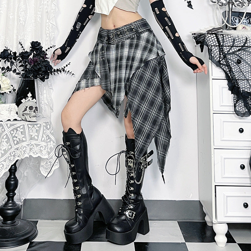 Asymmetric Plaid Midi Skirt