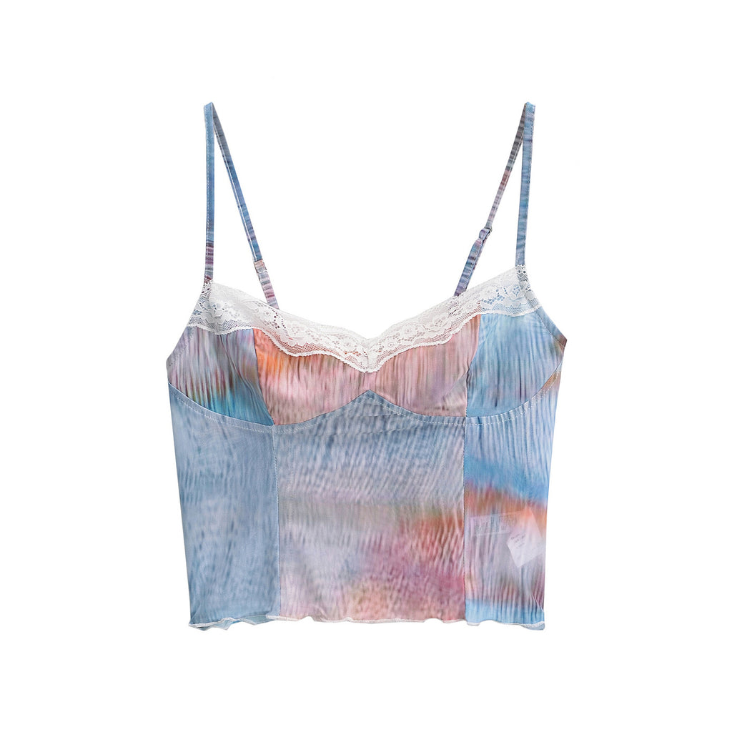 Gradient Mesh Lace-Trim Crop Top