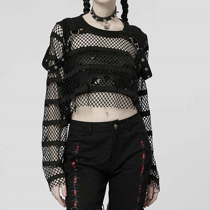 Striped Mesh Long-Sleeve Crop Top