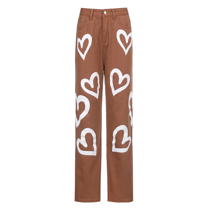Heart-Print High-Waisted Straight-Leg Jeans