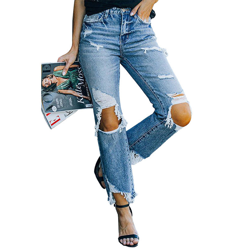 Ripped Straight-Leg Jeans